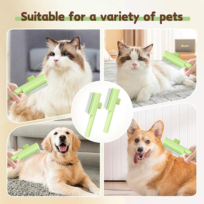 Pet Hair Removal Comb Flea Comb, 2025 Upgrade Cat Grooming Brush, Cat Brush with Release Button, De-Shedding Hair, Dog Grooming Supplies, Fine-Tooth Massage (White+Blue)