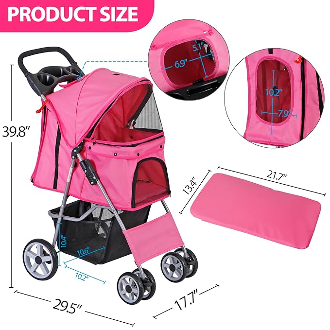 4 Wheels Foldable Pet Dog Cat Jogger Stroller Travel Carrier Strolling Cart w/Waterproof Cover Storage Basket Cup Holder & Removable Liner for Medium Small Cat Dog, Pink