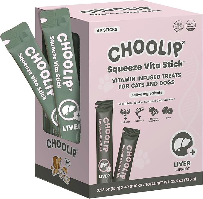 Choolip Squeeze Vita Stick Lickable Cat and Dog Treats, 49-Count Liver Support Variety Pack, Salmon and Lobster with Milk Thistle, CoQ10 and Vitamin E