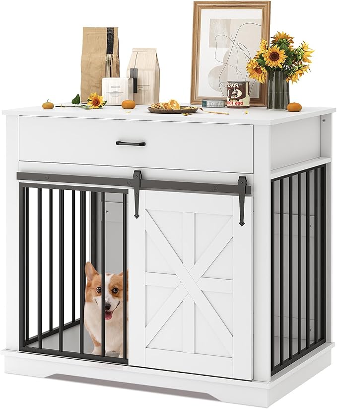 GarveeHome Dog Crate Furniture, 37.8" Large Dog Kennel Indoor, Wooden Kennel Table with Sliding Barn Door and Storage Drawer, Indoor Dog House for Large/Medium/Small Dogs