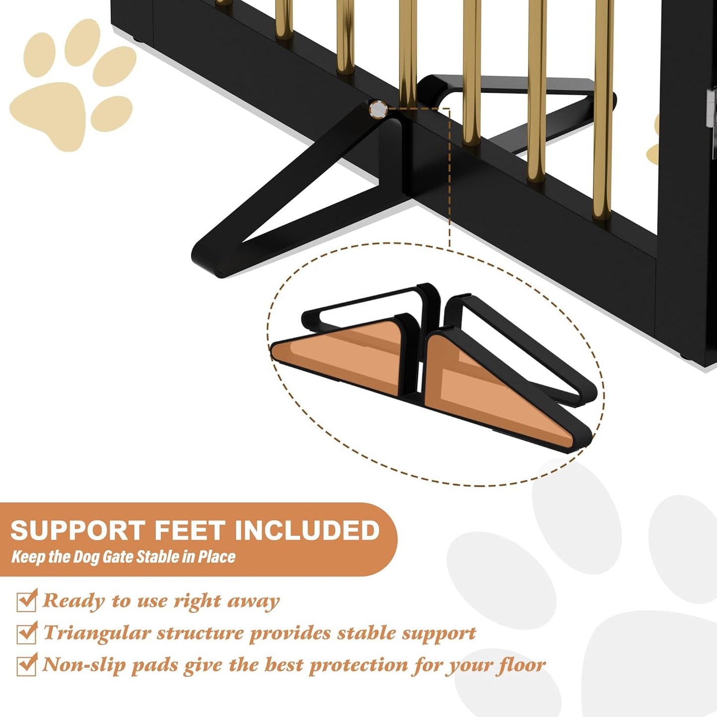 Freestanding Pet Gate for Dogs, Foldable Wooden Dog Gate for House Indoor, Step Over Pet Puppy Safety Fence for Stair, Doorway,Hall, Support Feet Included,3 Panels 32",Black&Gold