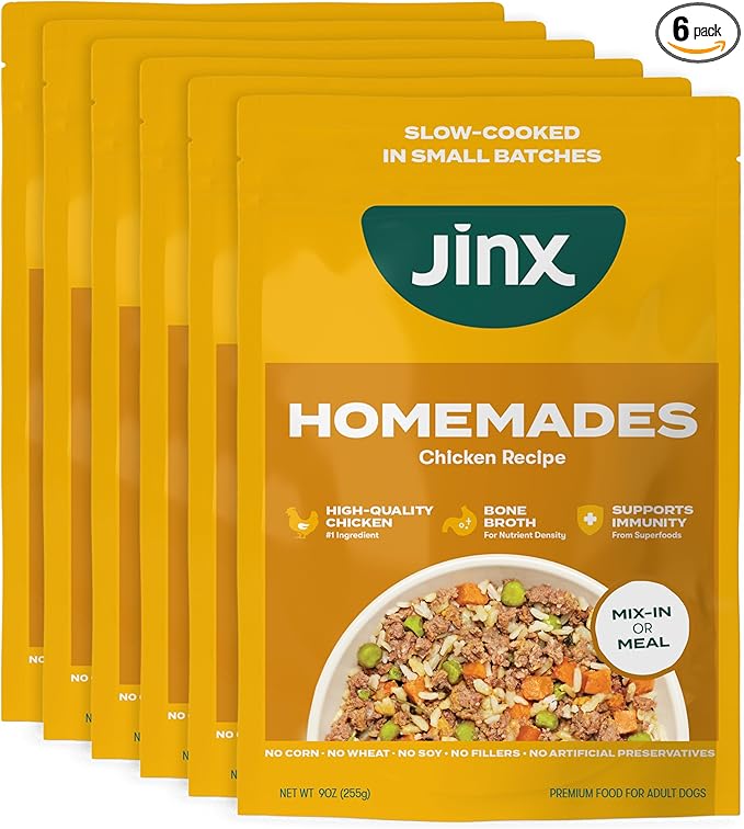 Jinx Chicken Dog Wet Food, Meal or Mix in Dog Toppers for Dry Food, Made with Real Chicken, Bone Broth & Brown Rice, No Fillers, Puppy, Adult, Senior, 9oz, 6 Pack