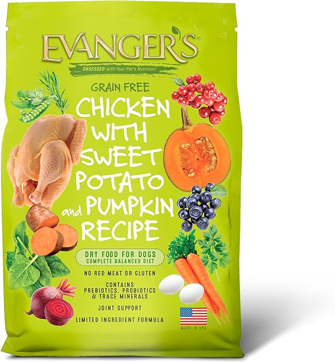 Evanger's Grain Free Chicken with Sweet Potato & Pumpkin Dry Food for Dogs – 16.5 lb Bag – Deboned Chicken, Omegas 3 & 6, Probiotics – All Life Stages Formula