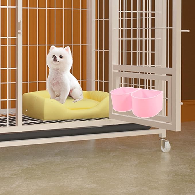 Mobestech Pet Hanging Feeding Bowl for Dog Crate and Bird Cage, Plastic Water and Food Bowl with Hooks, Universal Cage Mount Feeder for Small Animals and Puppies, Pink