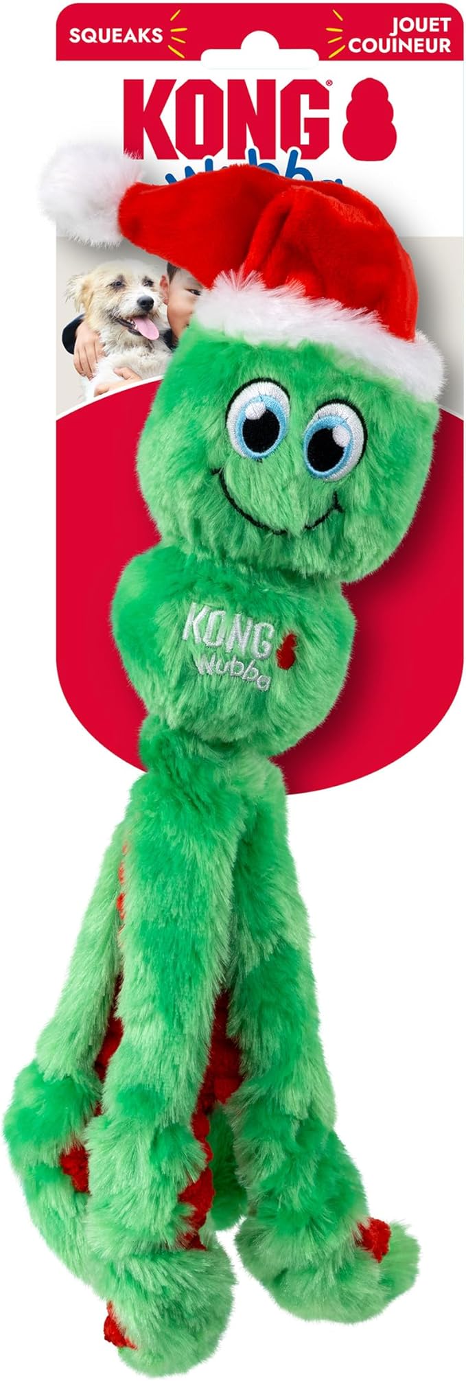 KONG Holiday Wubba Octopus Dog Toy – Christmas Plush Squeaky Tug & Fetch Toy with Santa Hat, Durable Festive Play Toy, Large