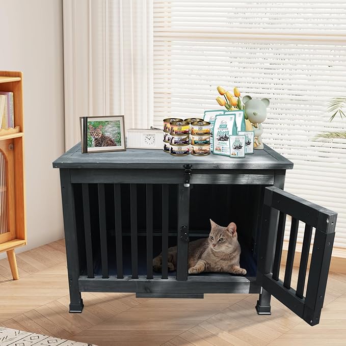 Agitree 28" Dog Crate Furniture, Fully Assembled Wooden Dog Kennel with Removable Tray, Decorative Pet Crate Dog Cage Indoor Furniture End Table, Portable Pet Cage for Small & Medium Dogs, Black