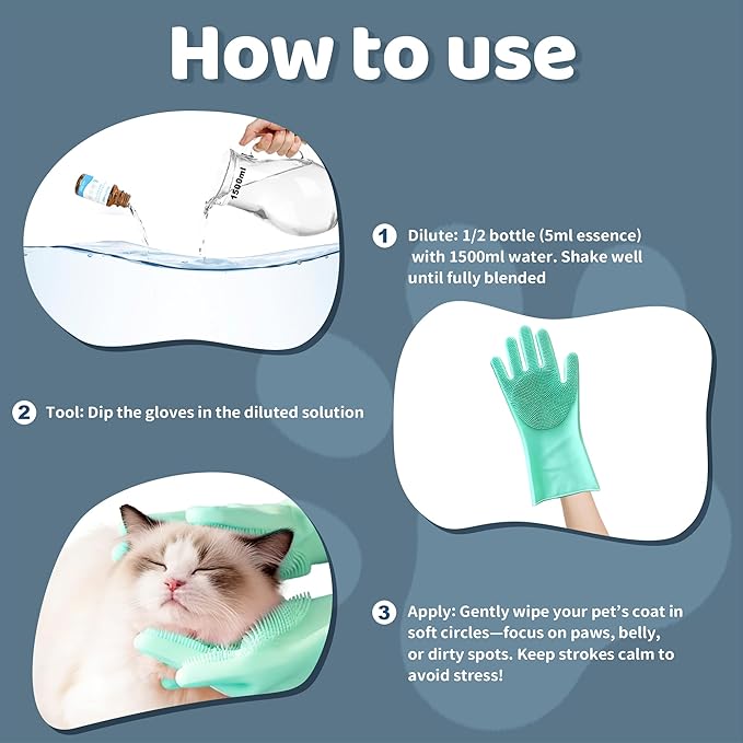 2Pcs Waterless No-Rinse Pet Shampoo Essence for Dogs & Cats with Green Grooming Gloves | Pomegranate Scent for Skin & Coat Care | Includes 5-Finger Bathing & Massage Gloves for Dogs/Cats