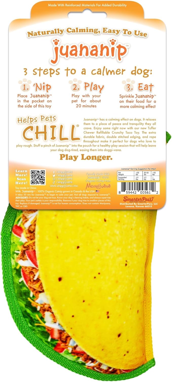 Doggijuana Taco Chewsday Bundle | Tuffer Chewer Taco Plush Squeaky Dog Toy and Juananip Refill Bottle | Calming Aid for Dogs | Organic Catnip Grown in North America | Promotes Relaxation and Play