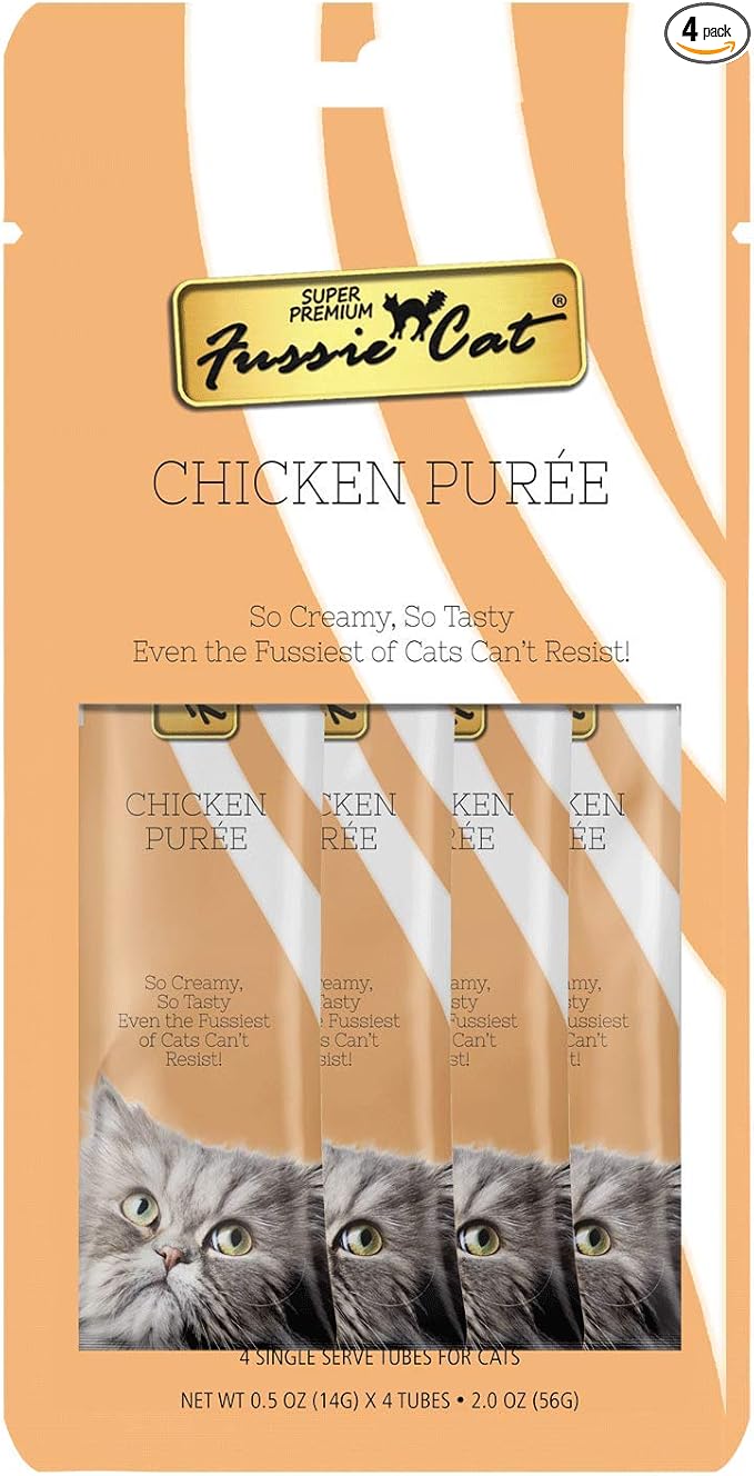 Fussie Cat Chicken Puree, lickable cat treats, 0.5oz pouch 4 Count (Pack of 1)