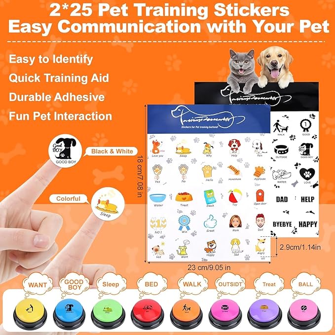 Dog Buttons for Communication, 8 Color Dog Talking Button Set, 30s Recordable Voice Pet Training Buzzers, Speaking Buttons for Dogs & Cats with Mat and 2 Scene Stickers (Batteries Not Included)