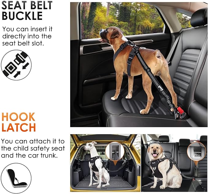 SlowTon Dog Seat Belt for Car, Adjustable 3 in 1 Dog Seatbelt with Elastic Bungee Buffer, Nylon Heavy Duty Dog Car Harness Reflective Safety Tether Leash with Latch Hook Clip Black 35.5"