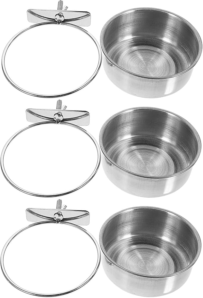 Abaodam 3pcs Stainless Steel Parrot Food Bowls with Water Cups, Small 10cm Feeding Basin Set for Bird Cage, Cockatiels Feeder and Bird Water Holder Accessory