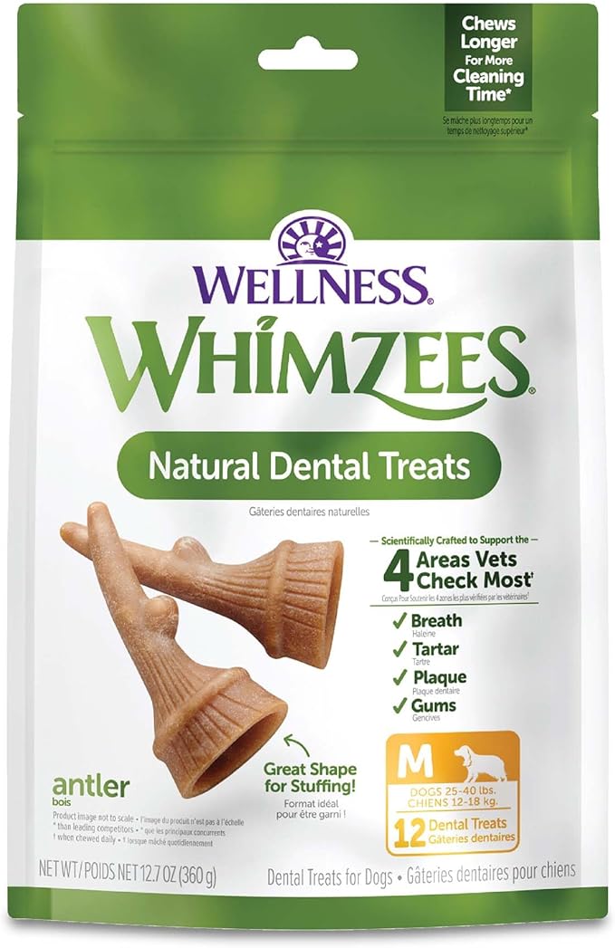 Wellness WHIMZEES Antler Occupy Dog Dental Treat, Chews, Freshens Breath, Medium Size, 12.7 oz Bag, 12 Count