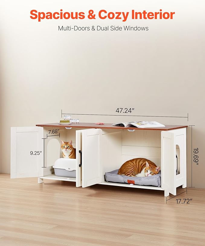 VEVOR Cat Litter Box Enclosure for Multi Cats, 47.2 in Hidden Litter Box Cabinet with 4 Doors & 2 Entries, Indoor Cat Washroom, Wooden Kitty House Furniture, Fit Most Litterboxes, Brown & White