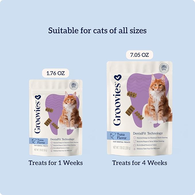 Groovies Cat Daily Dental Treats. Tasty, Crunchy Bites Cats Love. Tuna Flavor. Powered by USA-Patented DentalFit Technology. No Added Gluten, No Artificial Flavors or Colors. 1.76oz (115 Treats)