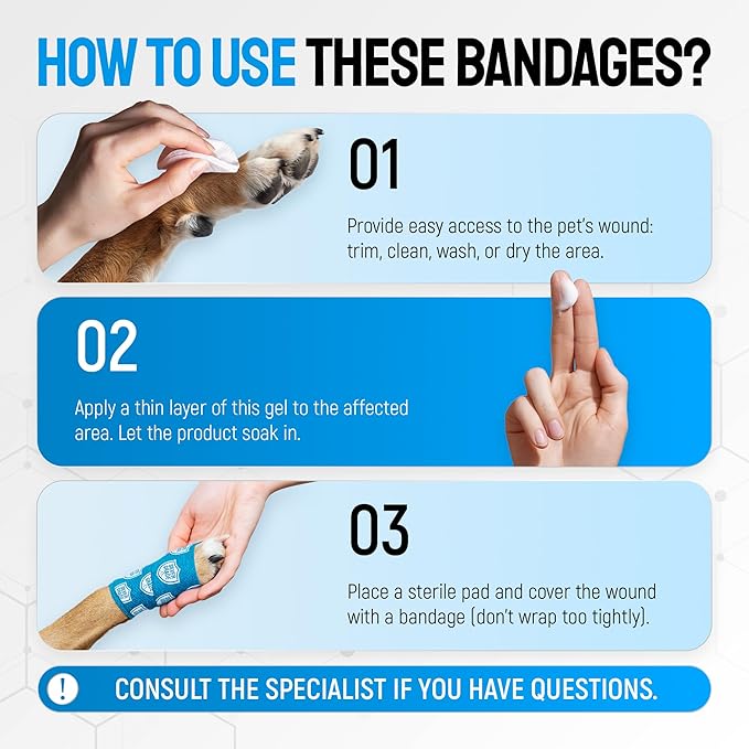SILVER GRADE Vet Wrap for Dogs, Cats, Horses – 6 Elastic Self-Adhesive Bandages to Protect from Licking – Dog Bandage for Wounds – Natural Rubber Latex Wrap for All Breeds – 2-inch Rolls