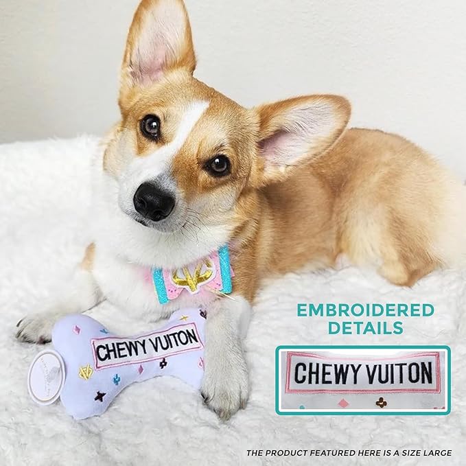 Haute Diggity Dog Chewy Vuiton Bone Plush Squeaky Dog Toy, Soft Durable Designer-Inspired Stuffed Puppy Chew Toys for Small, Medium & Large Dogs, Machine-Washable (White) XL