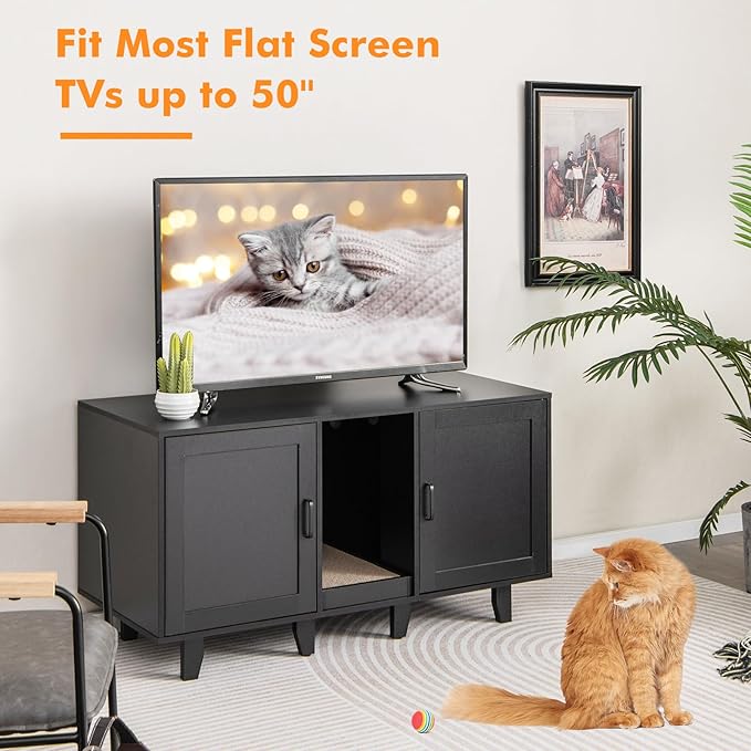 Giantex Cat Litter Box Enclosure - Cat Washroom Hidden Furniture with 2 Storage Cabinets, Removable Cat Scratcher, Air Vents, Detachable Legs, Wooden Pet Crate Indoor Cat House TV Stand (Black)