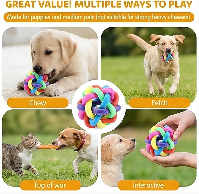 plplaaoo Soft Rubber Dog Chew Toy with Bell – Bouncy Interactive Ball for Puppies Teething & Adult Dogs – Medium Size 6.5cm Pet Training Play Toy for Cats and Dogs