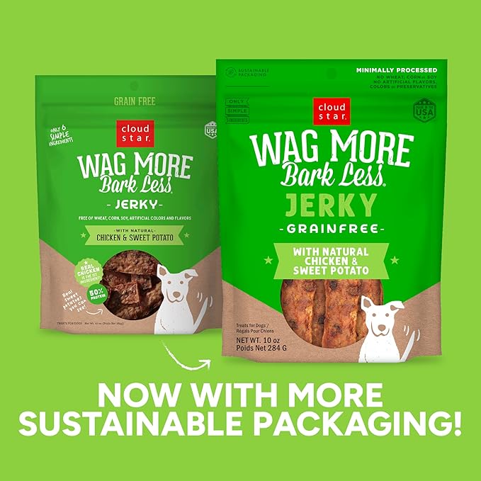 Cloud Star Wag More Bark Less Chicken & Sweet Potato Recipe Grain-Free Jerky Dog Treats 10 Ounce Bag, Model: 693804191113