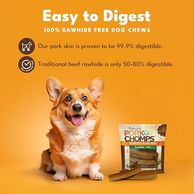 Pork Chomps Roasted Pork Skin Dog Chews, 6 Inch Rib Shapes, 10 Count, Pack of 1 - Long-Lasting Treats for Dogs - High Protein, Rawhide-Free, Low Fat, Healthy & Delicious Chews