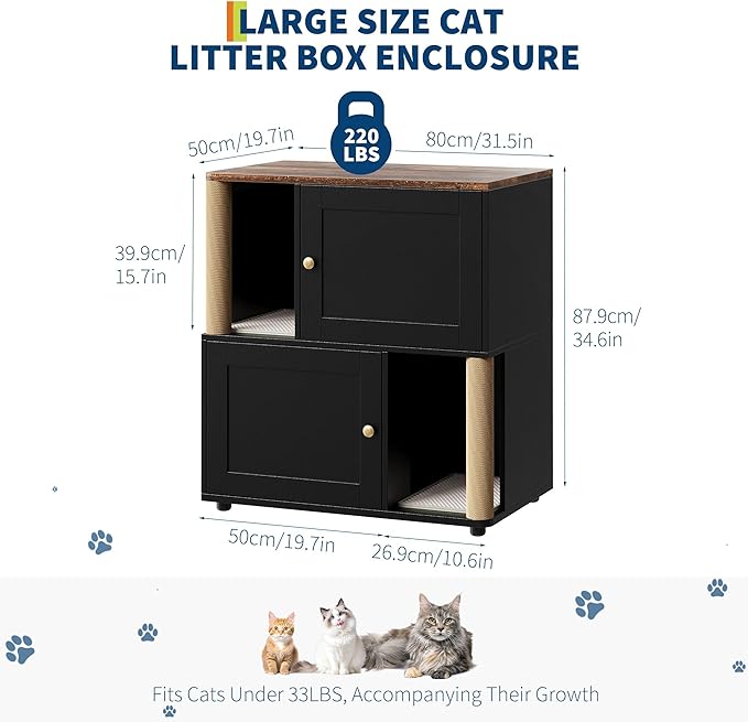 Double Cat Litter Box Enclosure for 2 Cats – 2-Layer Hidden Litter Box Furniture with Scratching Posts & Litter Mats, Space-Saving Modern Wooden Cat Washroom, End Table for Living Room, Black Door