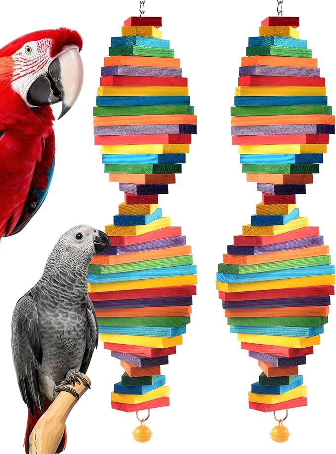 Bissap 2 PCS Bird Chew Toys, Multicolored Bagel Cascade Medium Large Bird Parrot Chewing Sticks Biting Wooden Blocks Toy for Big Amazon Senegal Cockatoos Macaws African Grey Similar Sized Pet Birds