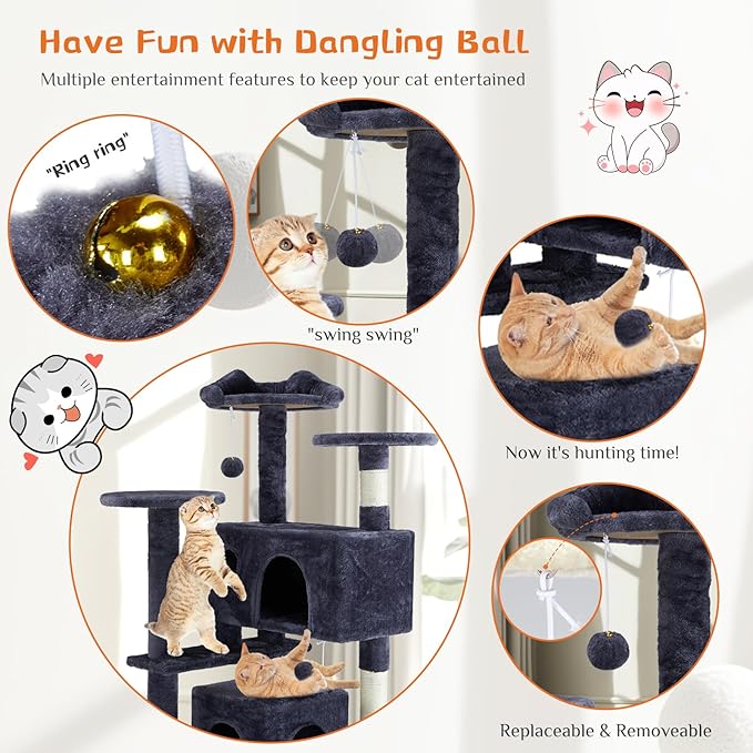 Hexago 54 Inch Cat Tree Tower for Indoor Cats, Dark Blue Multi-Level Cat Condo with Scratching Posts, Climbing Ramp, Plush Beds, and Toy Ball, Stable Cat Furniture Activity Center