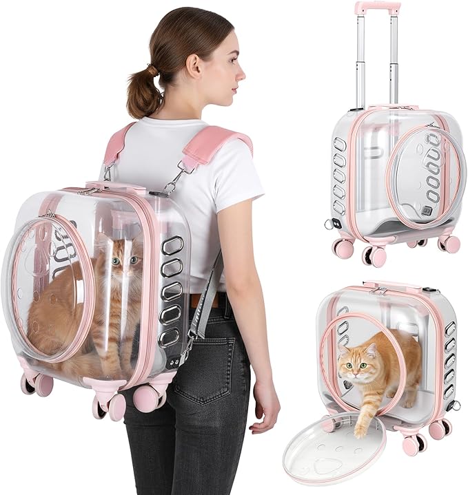 Portable Pet Carrier Trolley Box - Ventilated PC Travel Carrier with Silent Shock-Absorbing Wheels, Telescopic Handle for Cats, Small Dogs, Puppies - Outdoor Hiking, Camping, Car & Airline A