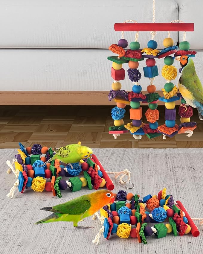 DBNESS Bird Toys, 3PCS Parrot Foraging Hanging Toy, Multicolored Natural Wooden Blocks Parakeet Chewing Toys mit Rattan Wicker Balls, for Medium Small Cockatoos Budgie Lovebird Cockatiel Conure