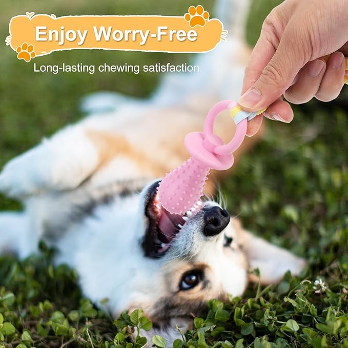 3Pcs Dog & Cat Pacifier with Rope, Small Pet Molar Clean Teeth Rubber Toy, Rubber Puppy Pacifier Chewing, Dog Chew Toys for Chewers, Playing Training Toys for Small Dogs & Adult Cat, 3 Cute Colors