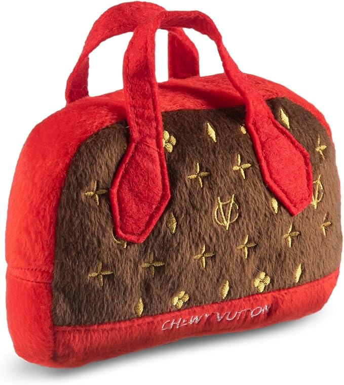 Dog Diggin Designs Chewy Vuiton Posh Purse Plush Dog Toy | Luxury-Inspired Parody Designer Handbag with Squeaker, Soft Plush Fashion Dog Toy – Haute Couture Purses & Handbags