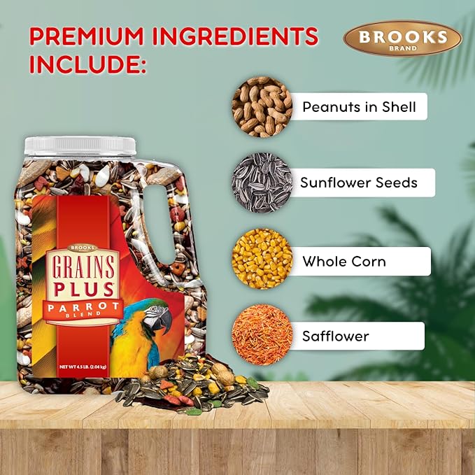 Brooks Brand Grains Plus Parrot Blend, Bird Food Parrot Seed Mix, African Grey Food, Eclectus, Indian Ringneck, Quaker (4.5 lbs)