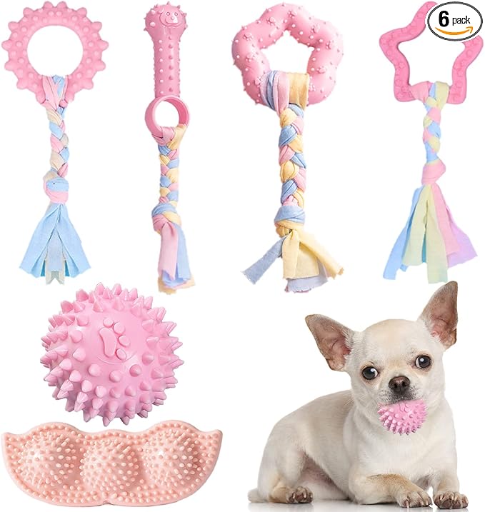 ABRRLO 6 Pack Puppy Teething Toys Cute Pink Puppy Chew Toys for Teething Small Breed Dog Chew Toy Interactive Pet Toy Set for Puppies to Keep Them Busy Soft Durable Small Breed Doggy Chewing Ball