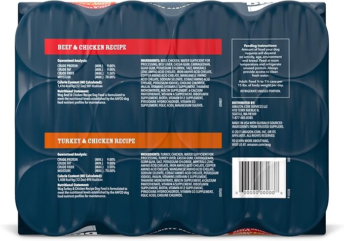 Amazon Brand - Wag Pate Wet Dog Food Variety Pack (Beef & Chicken / Turkey & Chicken), Made with Natural Ingredients, 12.5 oz Cans (Pack of 12)