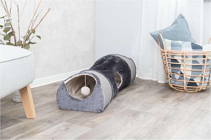 Trixie Cuddly Condos and Tunnel for Cats - Indoor Cat Furniture with Play Condos, Hideaway Tunnel, Dangling Cat Toys - Sisal Scratching Surface - Collapsible Design for Easy Storage, Gray