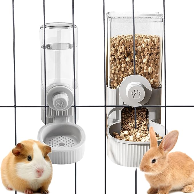 Hanging Cage Automatic Pet Food Water Dispenser, 41oz Hanging Automatic Food Dispenser, 18oz Pet Water Bottle for Cage Crate, Suitable for Kitten Rabbit Chinchilla Hedgehog Ferret (Grey, 41Oz)