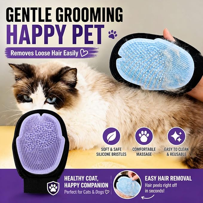 Pet Grooming Gloves for Dogs & Cats – Double Sided Deshedding Glove, Hair Remover & Massage Brush for Shedding Fur (Lavender)