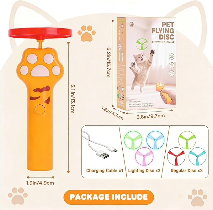 Cat Fetch Toy, Rechargeable Flying Disc Launcher Toy with 6 Flying Discs, Interactive Cat Toy for Indoor Cats, Cat Chase Toy for Bored Indoor Cats, Kittens & Adult Cats
