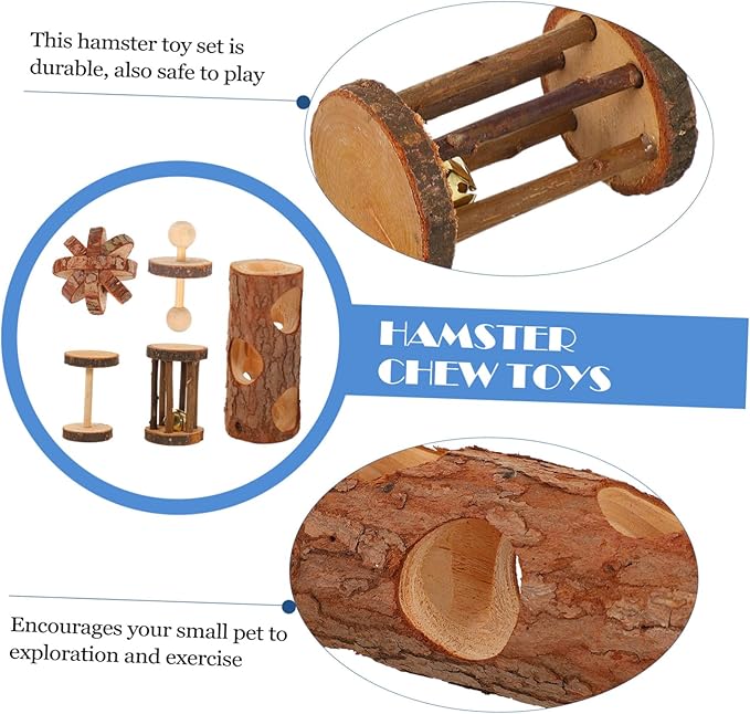 ORFOFE 5Pcs Wooden Hamster Small Animal Chew Teething for Hamsters Guinea Pigs Birds Cage Accessories Natural Safe Pet Activity Kit for Exercise and Stress Relief