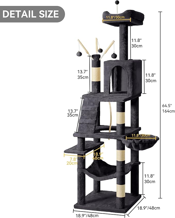 DWVO 64.5 Inch Tall Cat Tree, Multi-Tier Cat Condo with Hammock, Scratching Posts & Play Balls for 2-3 Cats (Dark Gray)