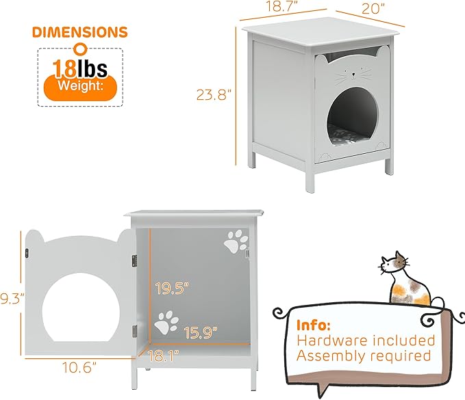 IDEALHOUSE Cat Litter Box Enclosure - Cat House & Side Table | Hooded Hidden Pet Box | Cats Furniture Cabinet | Pet Crate | Cat House Night Stand for a Cozy Home, Pet Cabinet Side Table for Cats