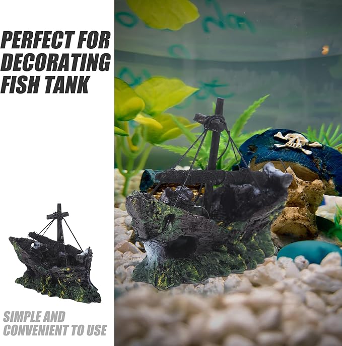 FRCOLOR Aquarium Shipwreck Decor Pirate Ship Wreck Figurine Fish Tank Ornament 4.52X1.96X3.14 Inch Resin Hideout for Betta Fish and Aquatic Pets