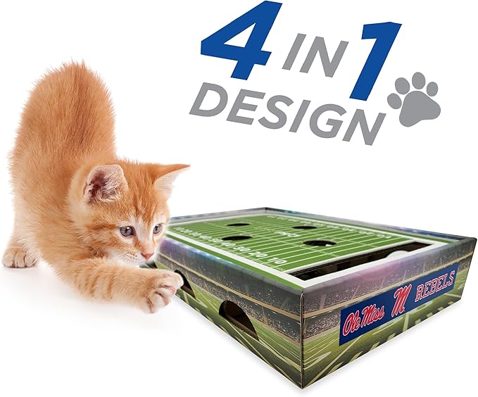 Pets First NCAA Mississippi Ole Miss Rebels Cat Scratcher Box, Game Day Cat Toy, NCAA Football Field Designed Cat Scratcher and Lounge, Stimulating Cat Game