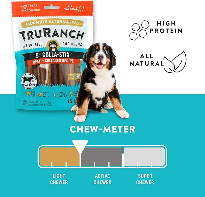 TRURANCH Collagen Sticks - 5" Collagen Sticks for Dogs - Long Lasting Healthy Joint Support - Rawhide Alternative - Skin & Coat Health - Made with Real Beef, Value Pack, 3 Bags, 45 Count