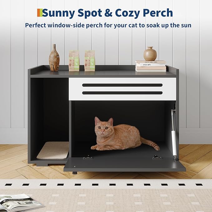 Garvee Cat Litter Box Enclosure Furniture Wooden Hidden Litter Box Cabinet Dog Proof Cat Washroom Kitty House with Vent Door