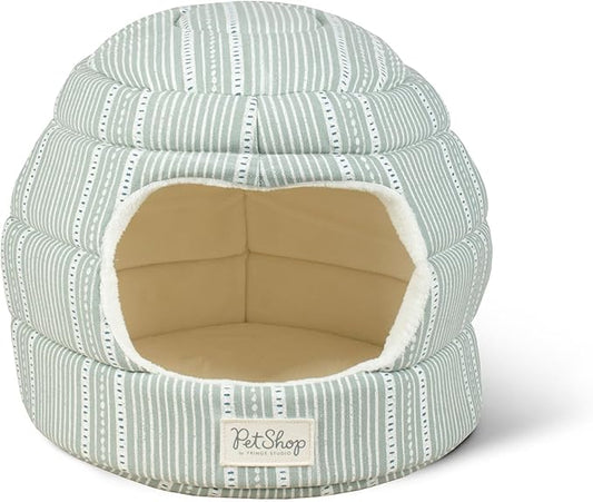 Fringe Studio Block Stripe Dusty SAGE 2-in-1 Pet Hut/Pet Bed with Removable Cushion 14" H x 15" W x 15" D, 100% Cotton Canvas Exterior w/Foam Filling, Machine Washable, PetShop Collection (209008)
