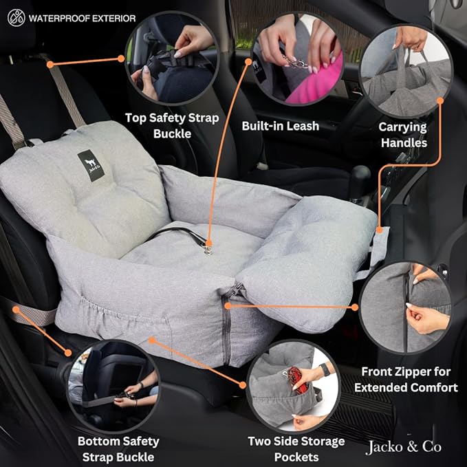 JACKO & CO Premium Dog Car Seat – Safe & Cozy Travel Bed Carrier for Small Dogs, Puppies, Pets, Clip-On Leash, Storage Pockets, Water-Resistant, Machine Wash (Grey, Standard Small (1-25lbs))