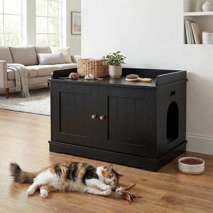 Cat Litter Box Enclosure Furniture with Barn Door & Display Shelf, Wooden Hidden Litter Box Cover, Dog-Proof Design for Multiple Cats, Modern Cat House Furniture to Fit Most Litter Boxes - Black