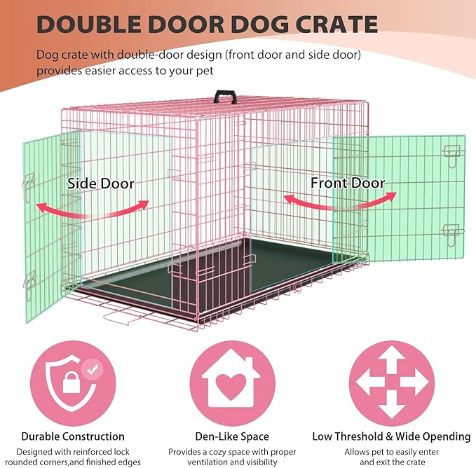 Large Dog Crate, Portable Travel Dog Crate with Double-Door, Removable Tray - Extra Large Dog Cage for Medium Sized Dogs, Ideal for Indoor and Outdoor (Pink, 30")